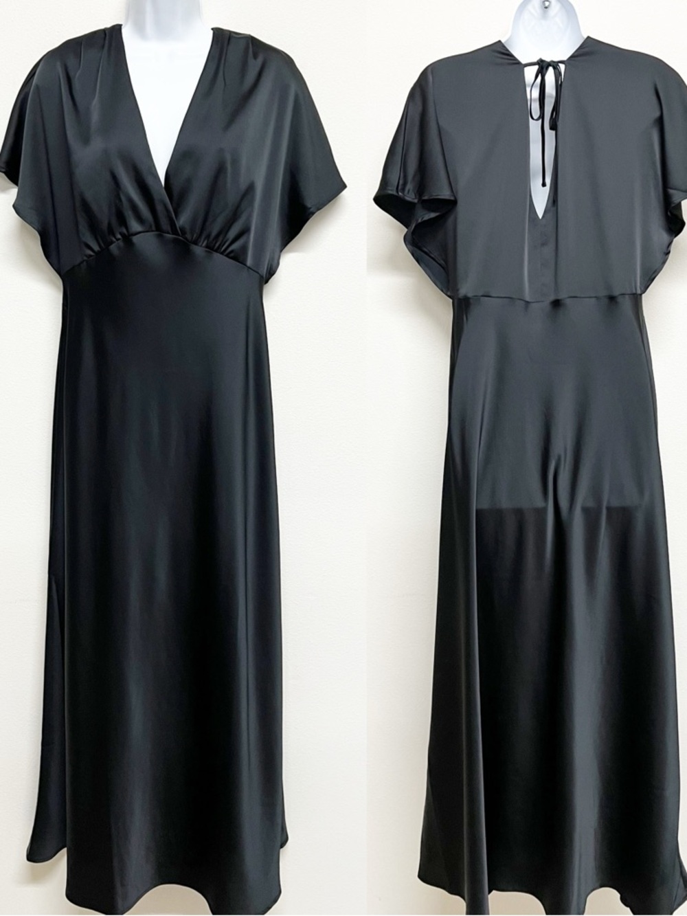 A New Day Womens Black Satin Flutter Sleeve Maxi A Line Deep V Neck Dress Size M